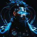 Cyberpunk warrior with glowing blue eyes