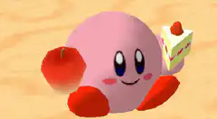 Kirby eating cake and apple