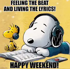 Snoopy and Woodstock listening to music