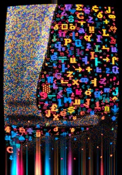Pixelated face with falling symbols