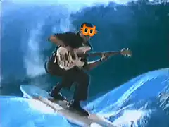 Surfer playing guitar with cat face