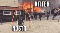 Kid on swing watching fire labeled Xitter and Nostr
