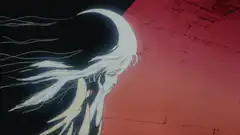 White haired anime character against red background