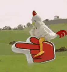 Chicken riding a pointing hand
