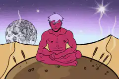 Red man meditating on moon with needles