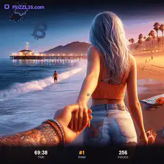 Girl holding hands on beach at sunset