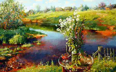 Still life painting with flowers and river