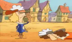 D'Artagnan hits Porthos with a club