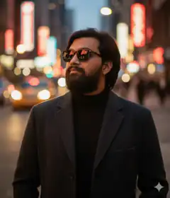 Bearded man in sunglasses on city street