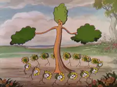 Tree and sunflowers dancing