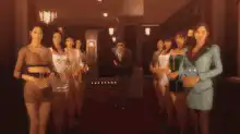 Women bowing to a man in a hallway