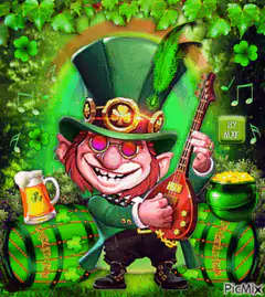 Leprechaun playing guitar with rainbow