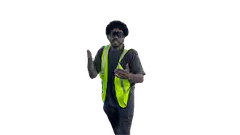 Man in safety vest and sunglasses dancing