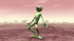 Green alien dancing on pink planet