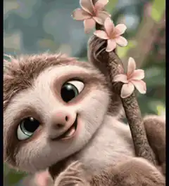 Baby sloth hanging from branch with flowers
