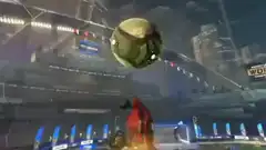 Rocket League car hits ball