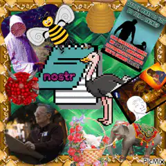 Nostr collage with bee, ostrich, and cat