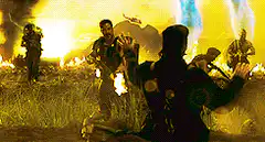 Soldier throws grenade in Vietnam War scene