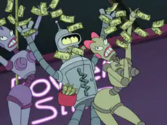 Futurama characters celebrating with money