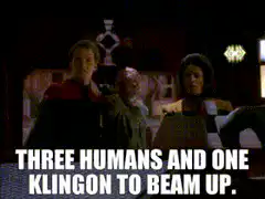 Three humans and one Klingon to beam up