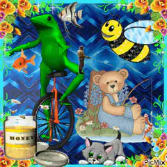 Green frog on unicycle with bee and teddy bear