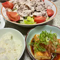 Japanese meal with pork, tofu, and rice
