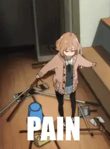 anime girl surrounded by weapons with text PAIN
