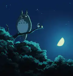 Totoro and Chibi Totoro on a branch at night
