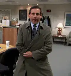 Michael Scott dancing in a trench coat