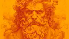Orange statue face with smoke and logo