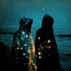Two hooded figures with star lights by the sea
