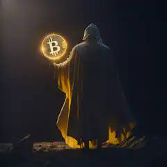 Hooded figure holding glowing Bitcoin