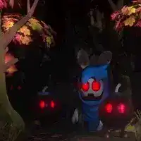 Blue rabbit with glowing red eyes in dark forest