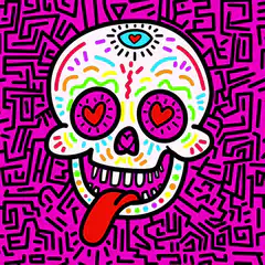 Colorful cartoon skull with heart eyes