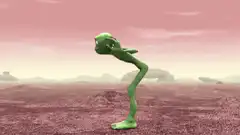 green alien dancing on red planet