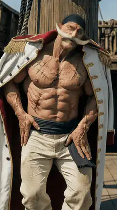 Live-action Whitebeard on a ship deck