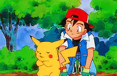 Ash hugs Pikachu in the forest