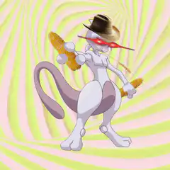 Mewtwo holding corn with laser eyes