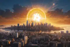 Bitcoin coin rising over city at sunset