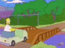 Homer Simpson's car explodes on a bridge