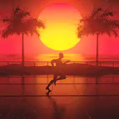 Silhouette running on grid at sunset