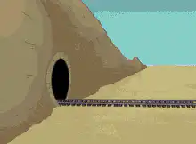 pink train crashes into tunnel