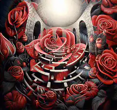 Giant red rose in a brick room