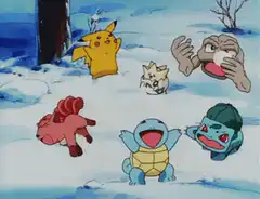 Pokemon characters laughing in snow