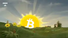 Bitcoin sun rising over green hills