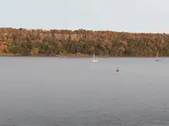 Sailboats on a lake with autumn trees