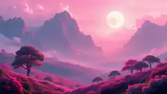 Pink mountain landscape with trees and moon