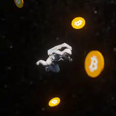 Astronaut floating among Bitcoin coins