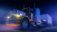 Semi truck driving at night with smoke