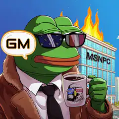 Pepe holding coffee with burning MSNPC building